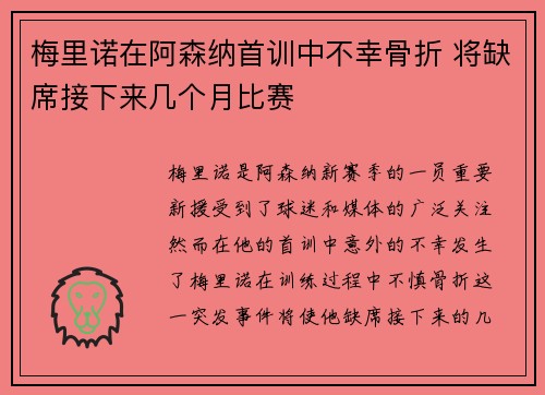 梅里诺在阿森纳首训中不幸骨折 将缺席接下来几个月比赛