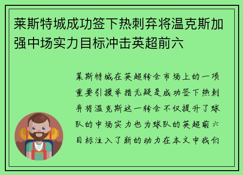 莱斯特城成功签下热刺弃将温克斯加强中场实力目标冲击英超前六